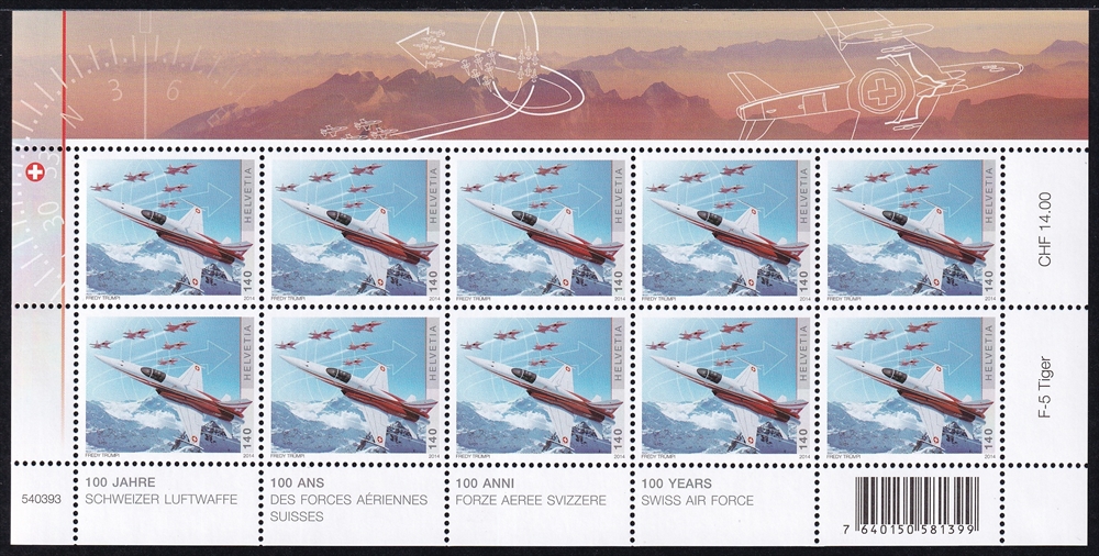 Schweiz 2014 SBK Nr. 1494 "100 Jahre Schweizer Luftwaffe - F-5 Tiger" Kleinbogen postfrisch