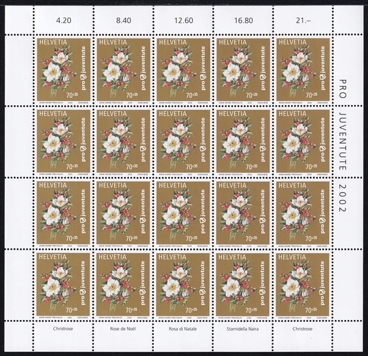 Schweiz Pro Juventute 2002 SBK Nr. J364 "Rosen - Christrose" 20er Bogen CHF 0.70er postfrisch zum Frankieren