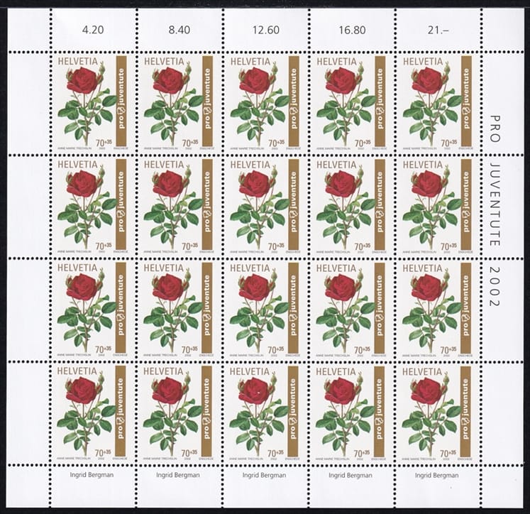 Schweiz Pro Juventute 2002 SBK Nr. J365 "Rosen - Ingrid Bergmann" 20er Bogen CHF 0.70er postfrisch zum Frankieren