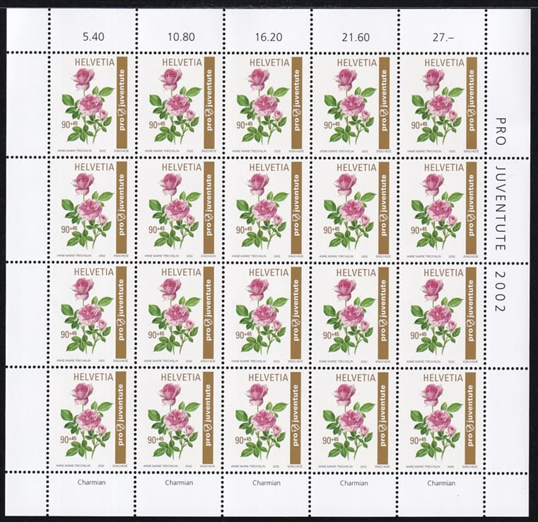 Schweiz Pro Juventute 2002 SBK Nr. J367 "Rosen - Chairman" 20er Bogen CHF 0.90er postfrisch zum Frankieren