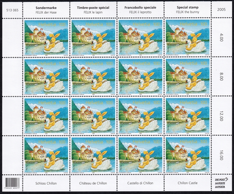 Schweiz 2005 SBK Nr. 1164 "Felix der Hase - Schloss Chillon" 16er Bogen CHF 1.00er postfrisch zum Frankieren