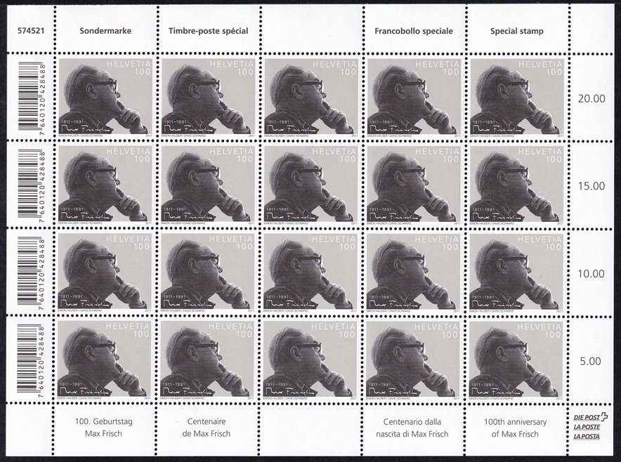 Schweiz 2011 SBK Nr. 1385 "100. Geburtstag Max Frisch" 20er Bogen CHF 1.00er postfrisch zum Frankieren