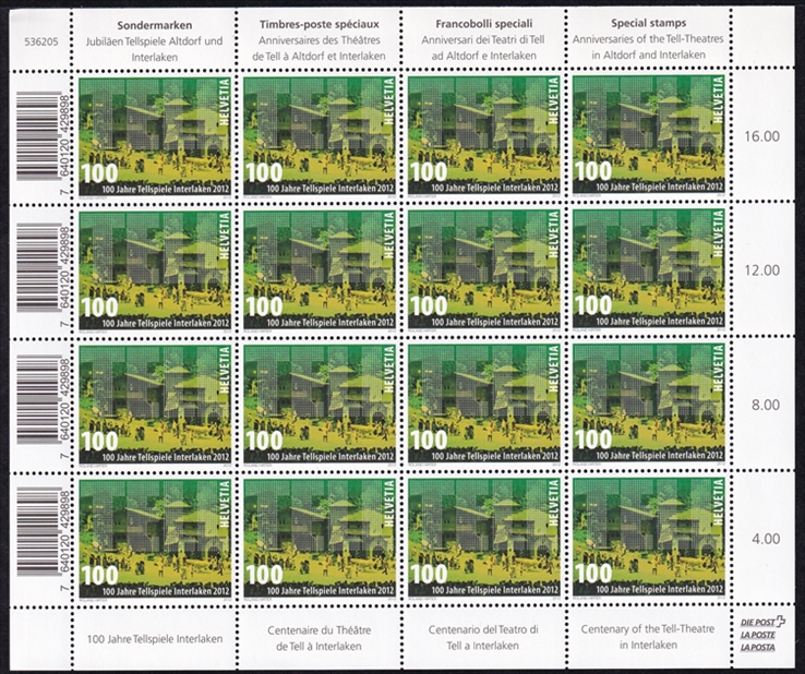 Schweiz 2012 SBK Nr. 1429 "100 Jahre Tellspiele Interlaken" 16er Bogen CHF 1.00er postfrisch selbstklebend zum Frankieren