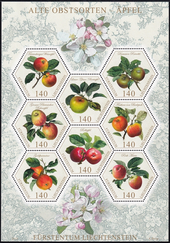 Liechtenstein 2015 Nr. 1765 bis 1772 "Alte Obstsorten- Äpfel" 8er Bogen CHF 1.40er postfrisch ** - frankaturgültig FL