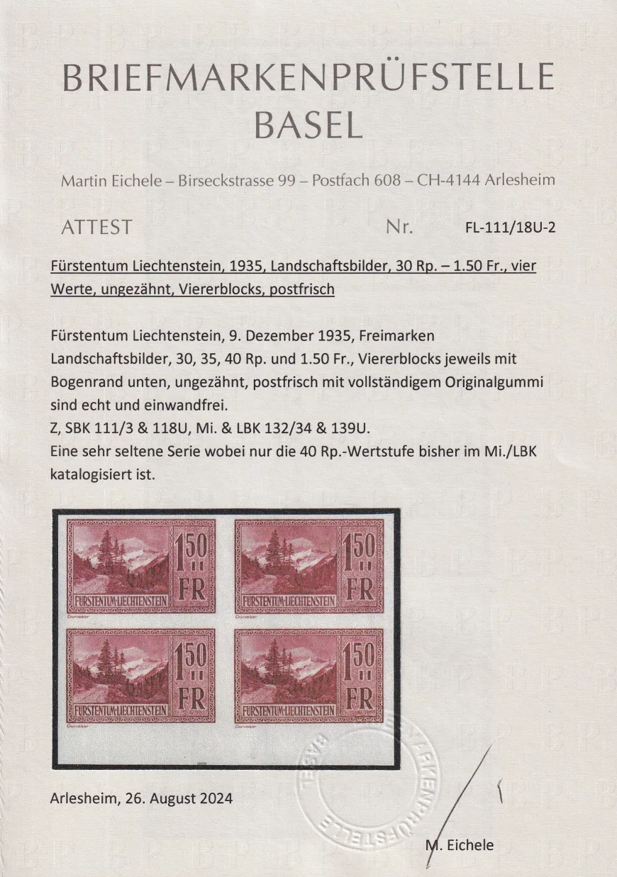 Liechtenstein 1934 Mi. Nr. 139 U - ungezähnter 4er Block postfrisch ** Bogenrand unten – Bild 2