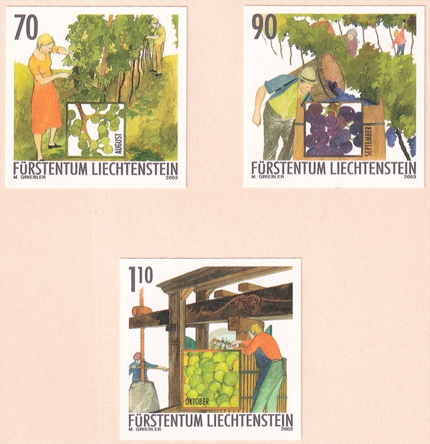 Liechtenstein 2003 Mi. Nr. 1322, 1323 und 1324 "Das Jahr des Winzers III" ungezähnte Probedrucke ungebraucht