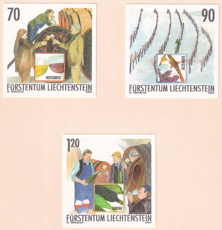 Liechtenstein 2003 Mi. Nr. 1333, 1334 und 1335 "Das Jahr des Winzers IV" ungezähnte Probedrucke ungebraucht
