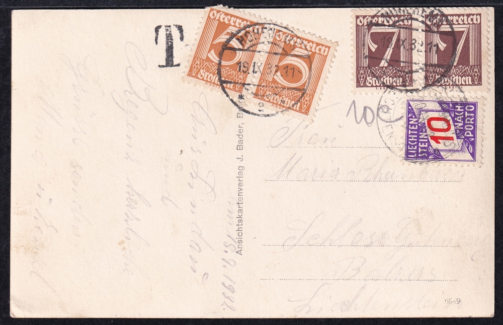 Liechtenstein, Nachporto, Nr.14, auf unterfrankierter Karte aus Hohenems