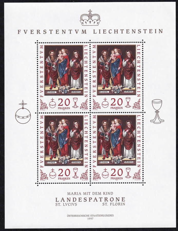 Liechtenstein 1997 Nr. 1151 "Landespatrone" 4er Block CHF 20.00er postfrisch ** - frankaturgültig