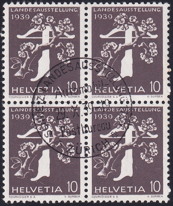 Schweiz, Freimarken, Nr.229By, im Viererblock, sauber gestempelt LANDI POSTBUREAU