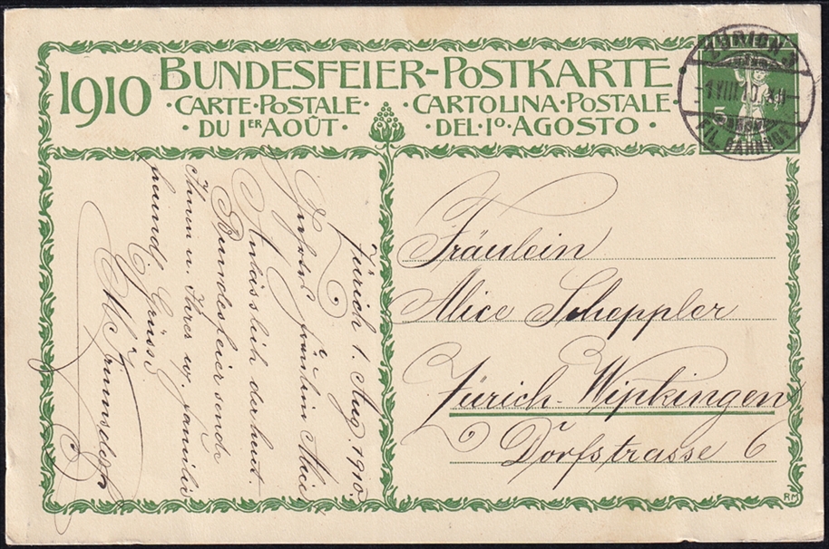 Schweiz, Bundesfeierkarten, 1910, Nr.1, Wächter der Heimat, gestempelt ZÜRICH 1.VIII.1910