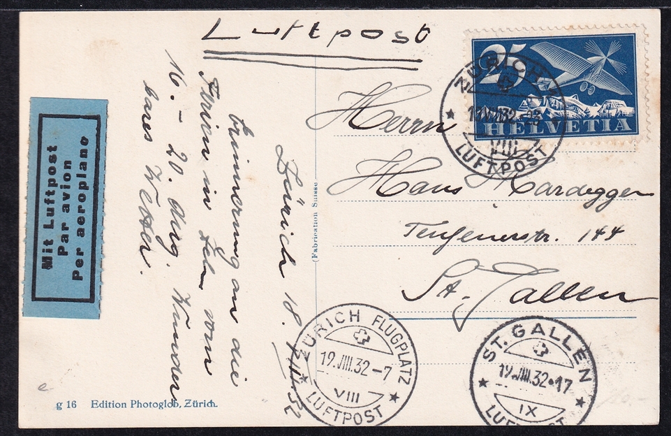 Schweiz, Flugpost, Nr.5, auf Luftpostkarte, geflogen Zürich-St.Gallen
