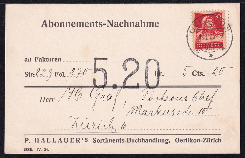 Schweiz, Freimarken, Nr.174, Nachnahme, OERLIKON