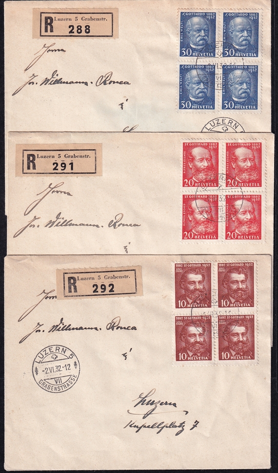 Schweiz, Freimarken, Nr.191-193, je im Viererblock auf 3 R-Belegen, LUZERN
