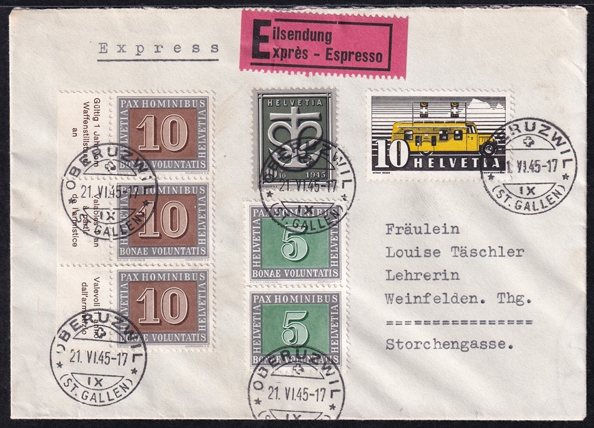 Schweiz, Freimarken, Nr.262-263+, portogerechte Buntfrankatur auf Expressbrief, OBERUZWIL