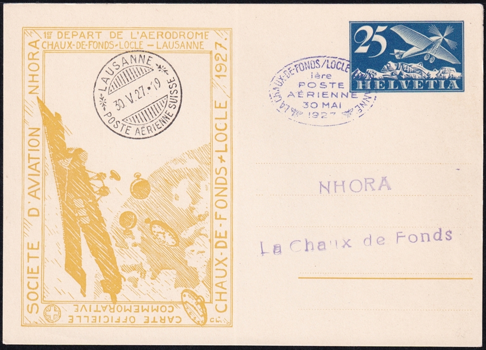 Schweiz, Ganzsachen, Privatganzsachen, PPK 050, 25Rp.blau,Karte geflogen La-Chaux-de-Fonds - Lausanne, RF27.4c