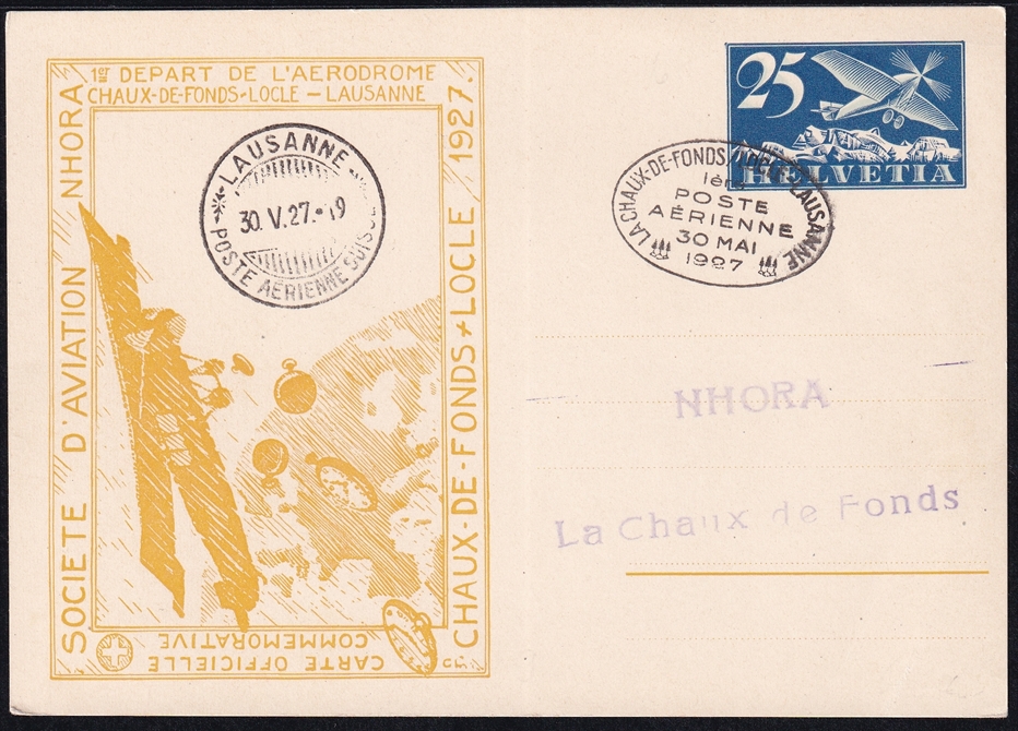 Schweiz, Ganzsachen, Privatganzsachen, PPK 050, 25Rp.blau,Karte geflogen Locle - Lausanne, RF27.4d