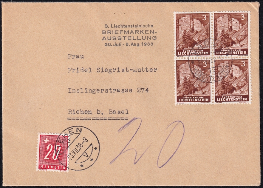 Schweiz, Nachporto, Nr.57, sauber auf taxiertem Brief aus Vaduz, RIEHEN