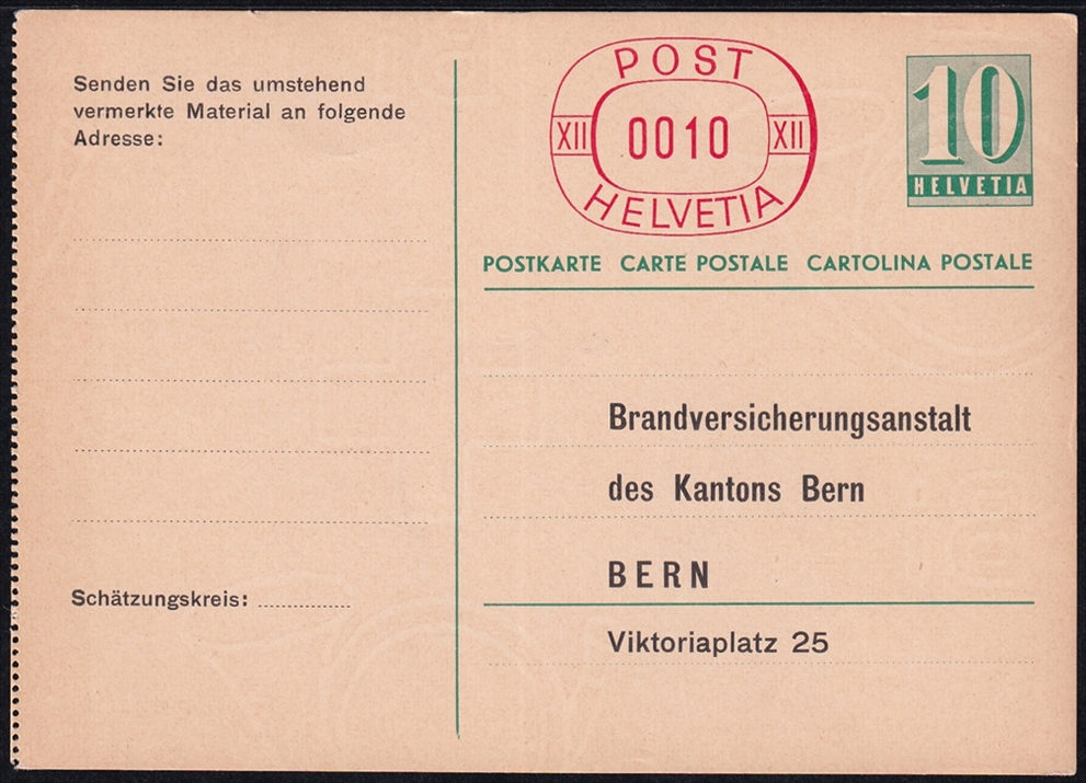 Schweiz, Postkarten, Nr.178y mit 10Rp. Frankiermaschinen-Zudruck und Privatzudruck der Brandversicherungsanstalt Bern