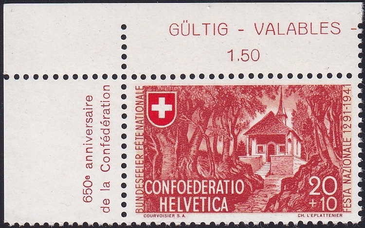 Schweiz Pro Patria 1941 SBK Nr. B14 Rf. 4.03b postfrisch ** mit Bogenecke