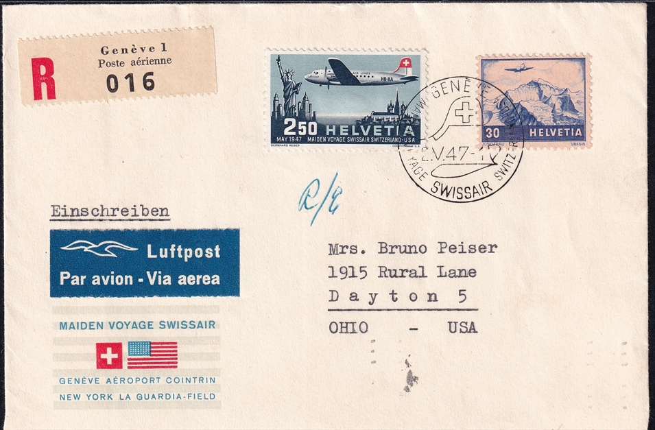 Schweiz, Sonderflüge, Genf-Washington, R-Brief nach Ohio, SF45.7a