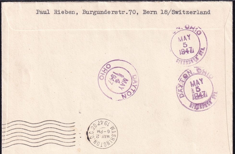 Schweiz, Sonderflüge, Genf-Washington, R-Brief nach Ohio, SF45.7a – Bild 2