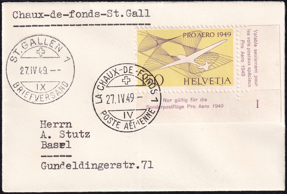 Schweiz, Sonderflüge Pro Aero 1949, La-Chaux-de-Fonds - St.Gallen, SF49.4a