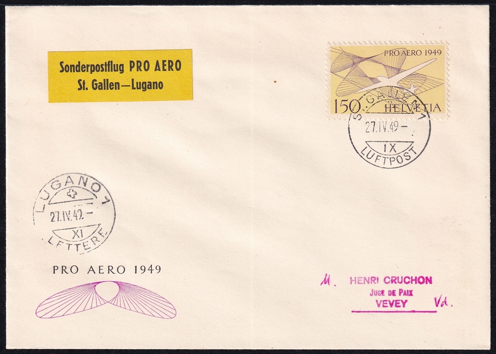 Schweiz, Sonderflüge Pro Aero 1949, St.Gallen - Lugano, SF49.4c, mit Leitvermerk-Etiketten, R-Brief
