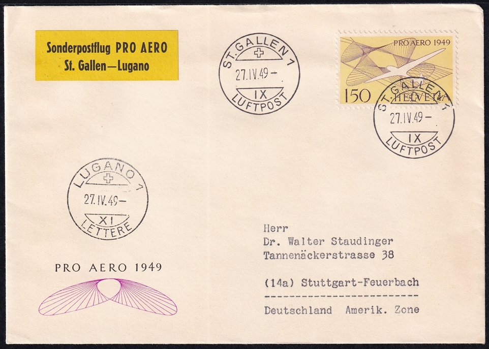 Schweiz, Sonderflüge Pro Aero 1949, St.Gallen - Lugano, SF49.4c, mit Leitvermerk-Etiketten, R-Brief