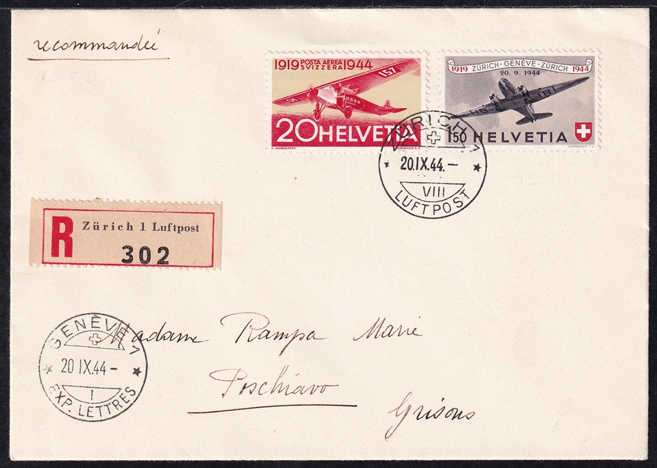 Schweiz, Sonderflüge, Pro Aero, SF44.1c, Zürich-Genf, R-Brief