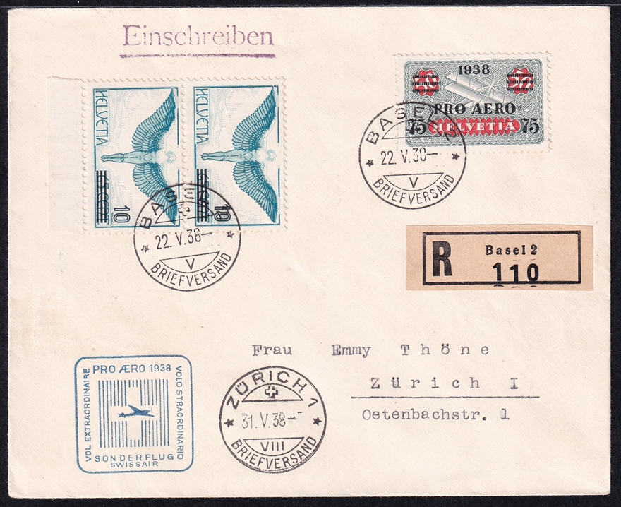 Schweiz, Sonderflüge, SF38.1h, Basel-Zürich, beförderte Sendungen 3604, R-Brief