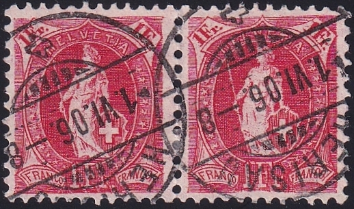 Schweiz, Stehende Helvetia, Nr.91A, 1Fr.karmin, im Paar, sauber gestempelt HERISAU