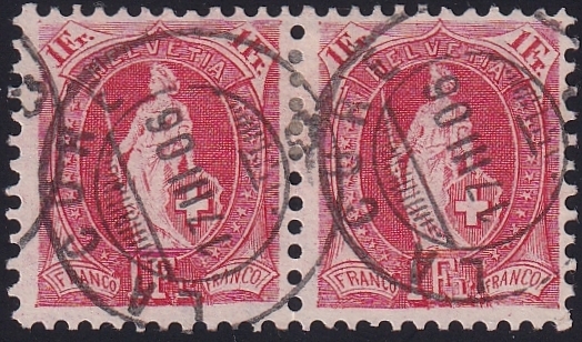 Schweiz, Stehende Helvetia, Nr.91A, 1Fr.karmin, im Paar, sauber gestempelt LA CURE