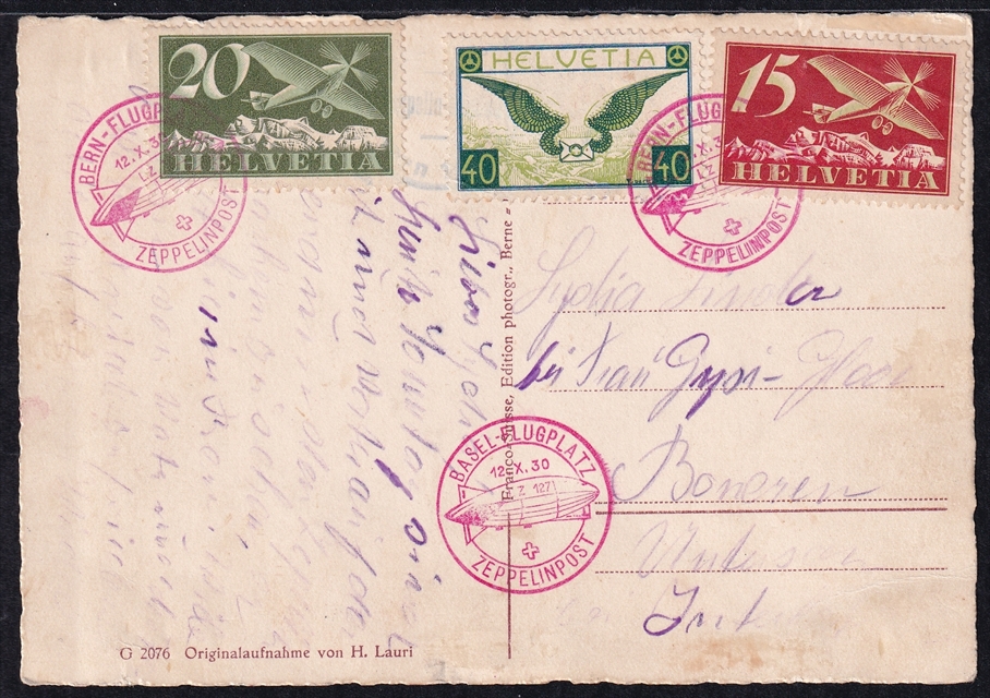 Schweiz, Zeppelinflüge, 1930, Sonderabfertigung Bern-Basel, ZF38C, gute Frankatur auf Zeppelin-Karte