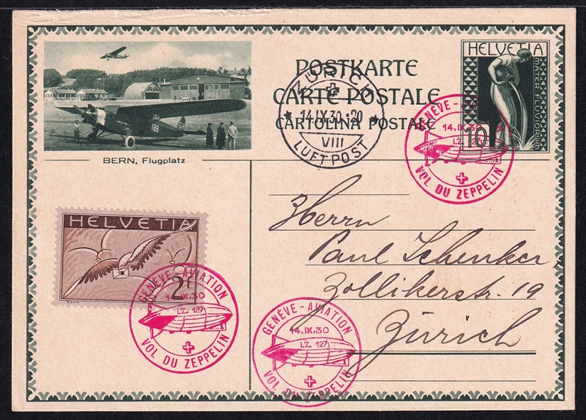 Schweiz, Zeppelinflüge, 1930, Sonderabfertigung Genf-Zürich, ZF33B, gute Frankatur auf Postkarte Nr.122/003a