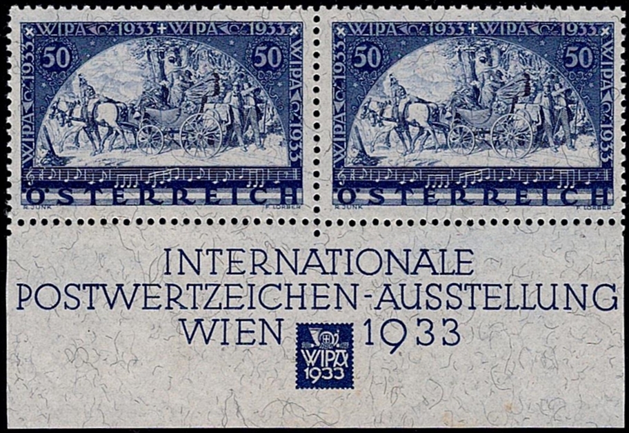 Österreich 1933 WIPA Marke im Paar ANK Nr. 556 B, Marken aus Block postfrisch ** mit Bogenrand unten