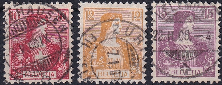 Schweiz, Freimarken, Helvetia-Brustbild, Nr.104-106, sauber gestempelte Serie