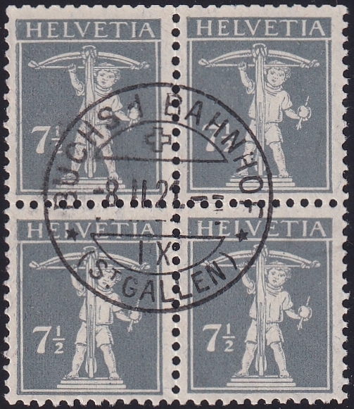 Schweiz, Freimarken, Tellknabe, Nr.138II, im Viererblocksauber gestempelt BUCHS