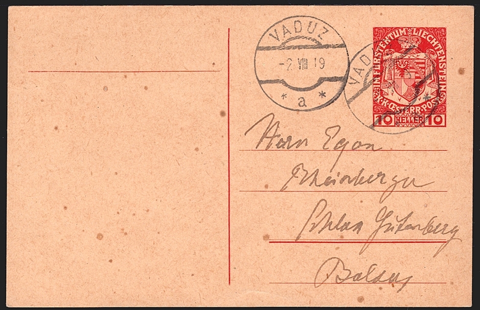 Liechtenstein Ganzsachen 1918 "POSTKARTE" Mi. Nr. P1 gestempelt VADUZ mit 2 Stempel