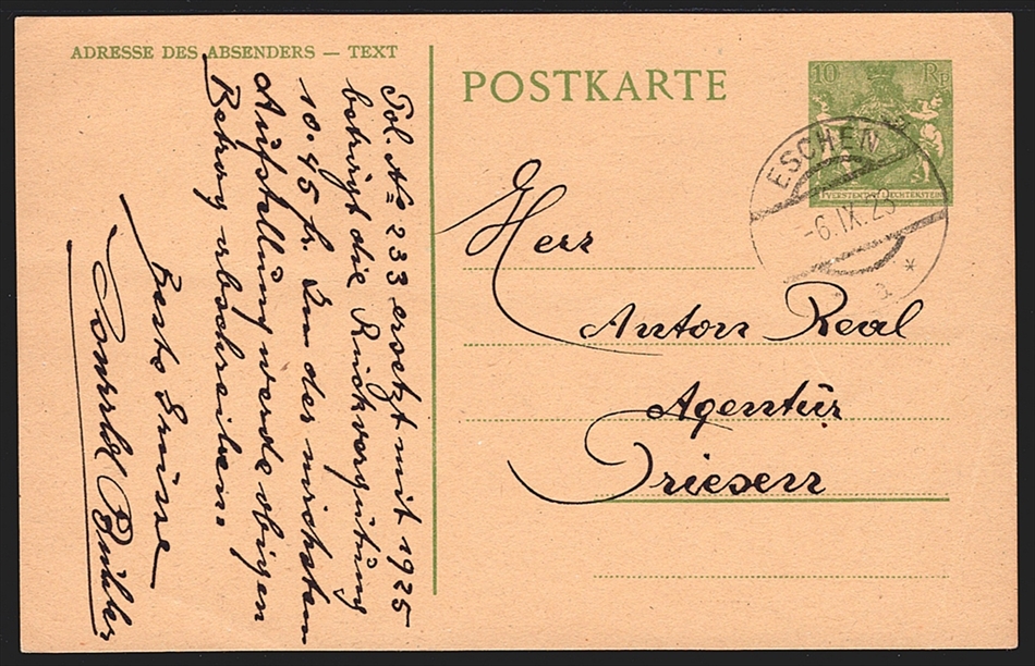 Liechtenstein Ganzsachen 1921 "POSTKARTE" Mi. Nr. P2 gestempelt ESCHEN