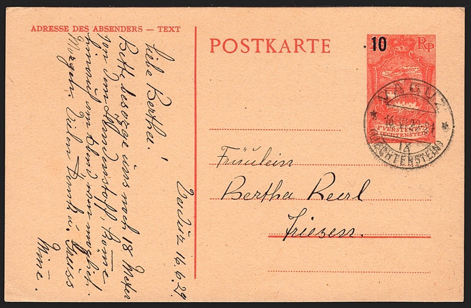 Liechtenstein Ganzsachen 1929 "POSTKARTE" Mi. Nr. P5 gestempelt VADUZ