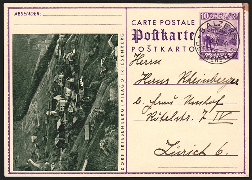 Liechtenstein Ganzsachen 1931 "POSTKARTE" Mi. Nr. P14/02 "Dorf Triesenberg" gestempelt BALZERS