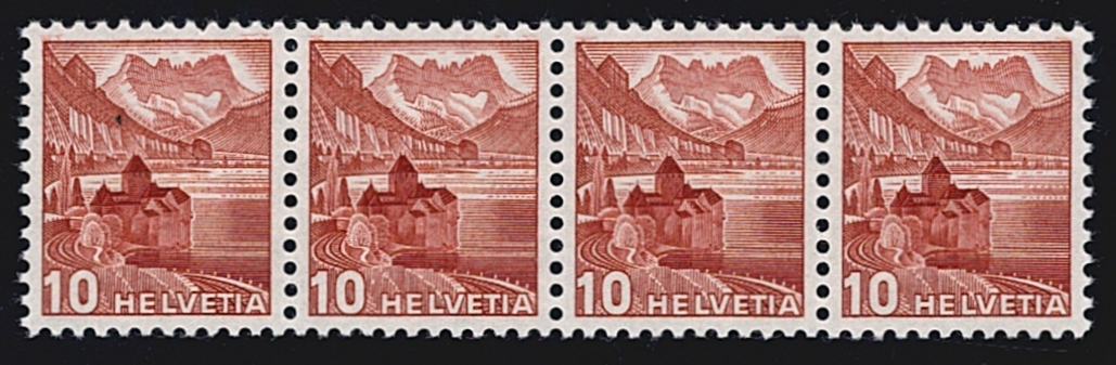 Schweiz, Freimarken, Landschaftsbilder, 1942, Nr.257yRM, 10Rp. dunkelbraun, Rollenmarke, waagrechter 4er-Streifen mit Nr.F-H 9825