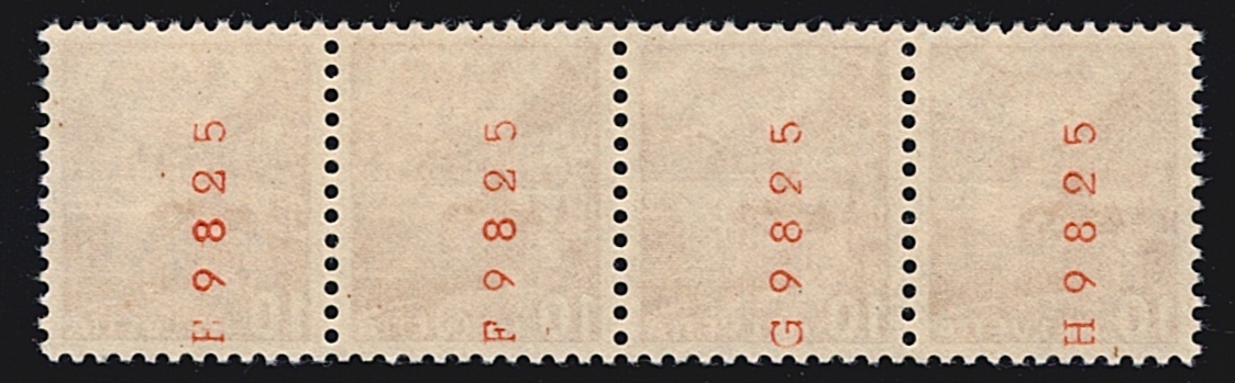 Schweiz, Freimarken, Landschaftsbilder, 1942, Nr.257yRM, 10Rp. dunkelbraun, Rollenmarke, waagrechter 4er-Streifen mit Nr.F-H 9825 – Bild 2