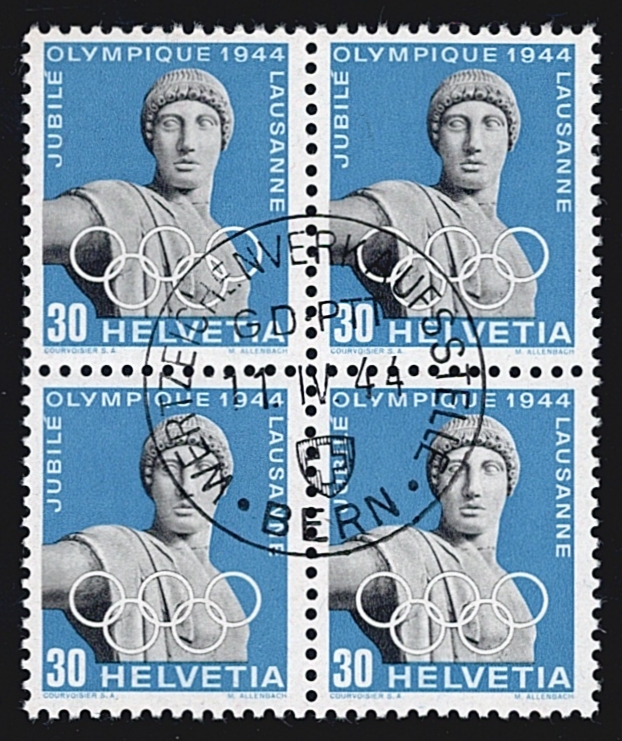 Schweiz, Freimarken, Olympisches Komitee, Nr.261w, 30Rp.blau, im Viererblock, sauber gestempelt WERTZEICHENVERKAUFSSTELLE BERN