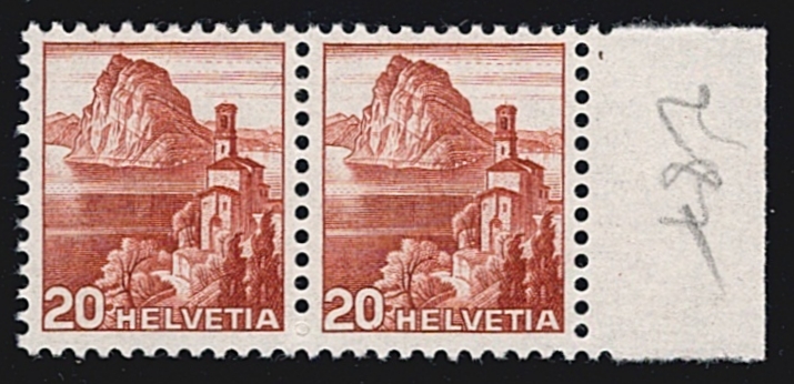 Schweiz, Freimarken, Rollenmarken, Landschaftsbilder, Nr.287RM, 20Rp.hellbraun, waagrechtes Paar mit Nr.A-B 1160