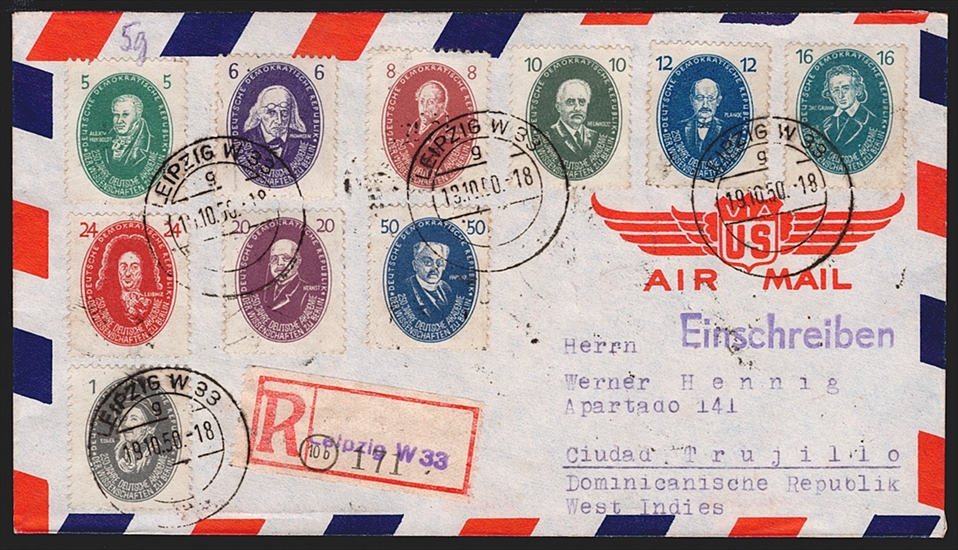 Deutschland, DDR, 1950, Akademiker, komplette Serie auf R-Lufpostbrief in die Dominikanische Republik