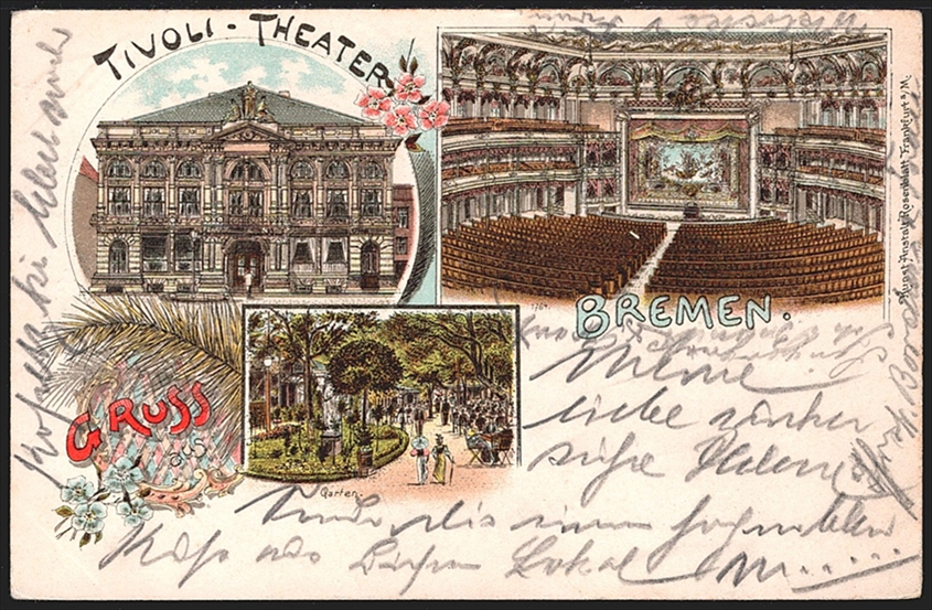 Deutschland, Lithographien, Gruss aus BREMEN TIVOLI THEATER, 3 Bilder, 1899