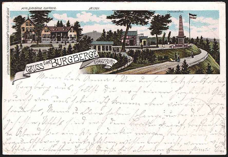 Deutschland, Lithographien, Gruss vom BURGBERGE b/HARZBURG, 1896
