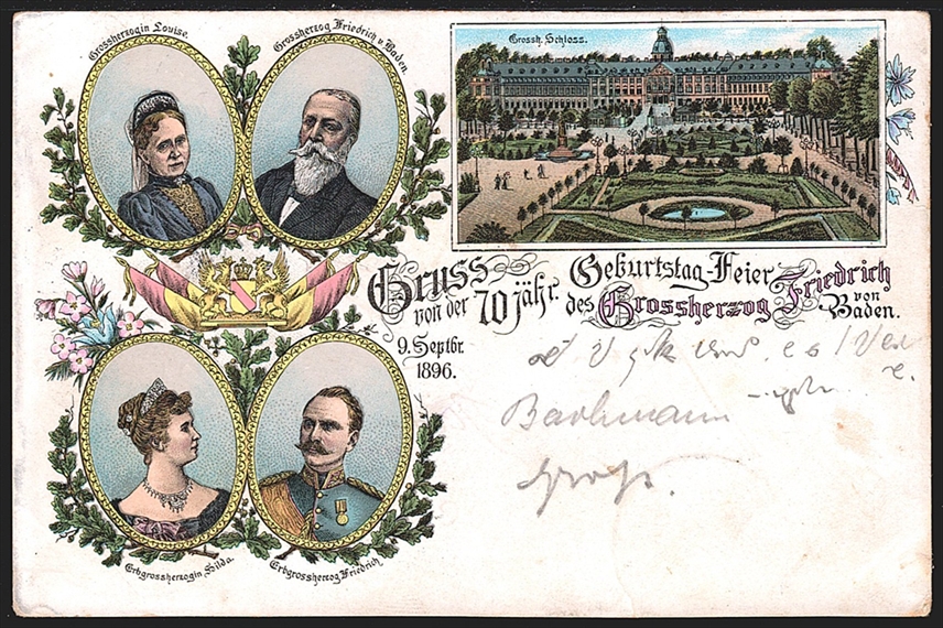 Deutschland, Lithographien, Gruss von der70 jähr.Geburtstag-Feier des Grossherzog Friedrich von Baden, 5 Bilder, 1906
